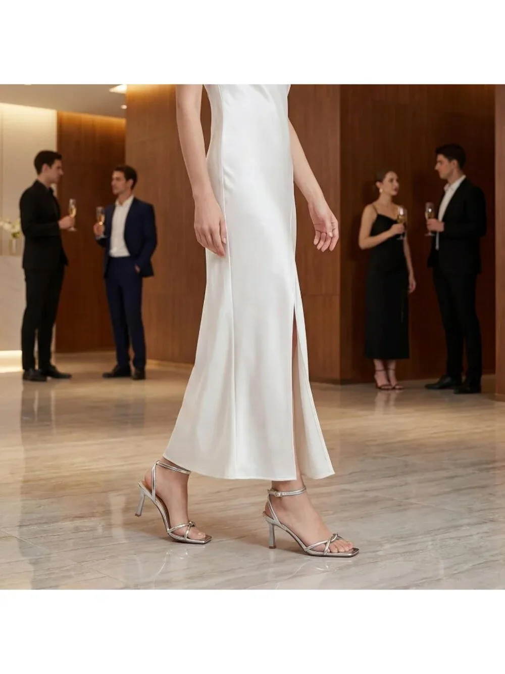 Women's Silver Elegant Square Open Toe Strappy Comfortable Kitten Heels Sandals
